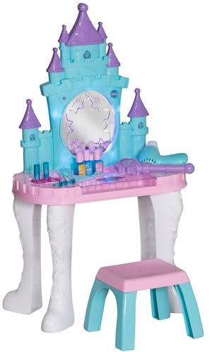 AIYAPLAY Ensemble de Coiffeuse pour Enfants 18 PCS avec Miroir et Tabouret, Table de Maquillage Design château avec lumière, Musique, sèche-Cheveux, pour Enfants de 3 à 6 Ans, Multicolore