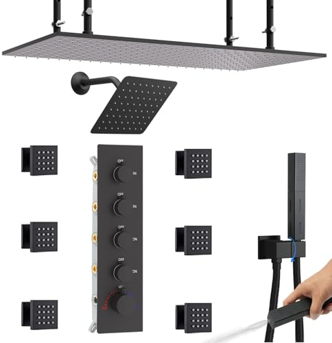 NPYSVSSS Dual Shower Heads System, 16x32 Ceiling Mount Rainfall and 6 Wall Mounted Shower Heads with 6 body Jets Thermostatic Shower Valve Rain Shower Faucet Set Can All Run Together Matte Black