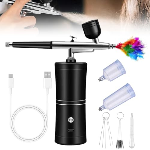 GOEDCH Kit Aerografo Multi Funzioni con Compressore: Kit Aerografo Senza Fili con Compressore d'aria, Spazzola ad Aria Ricaricabile per Nail Art, Decorazione di Torte, Modellazione di Tatuaggi (Nero)