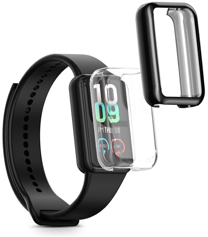 kwmobile Carcasa Compatible con Amazfit Band 7 Funda - 2X Protector Pantalla Completo - Ultrafino y antigolpes - Transparente/Negro