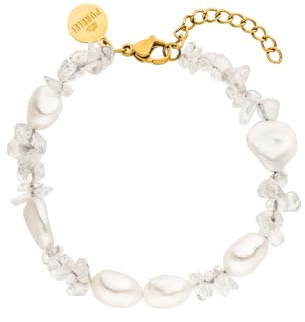 Purelei Bracciale da donna in vetro con perle Keshi e vetro di rocca, acciaio inossidabile placcato oro 18 carati o argento, regolabile da 16 a 19 cm, gioiello estivo con significato spirituale