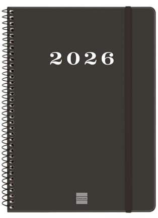 Finocam - Agenda Espiral 2026 Semana Vista Horizontal | Enero - Diciembre (12 meses) | Agenda Anual 2026 con goma elástica | Tapa Dura Espiral Basics My - Negro - Catalán