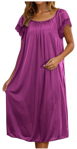 KUIH Ladies Nighties Silk Satin Nightdress Lace Short Sleeve Nighties Scoop Neck Sleep Dress Womens Negligees Elegant Long Nightgown Women's Nightwear Plus Size Night Shirts for Women UK Purple