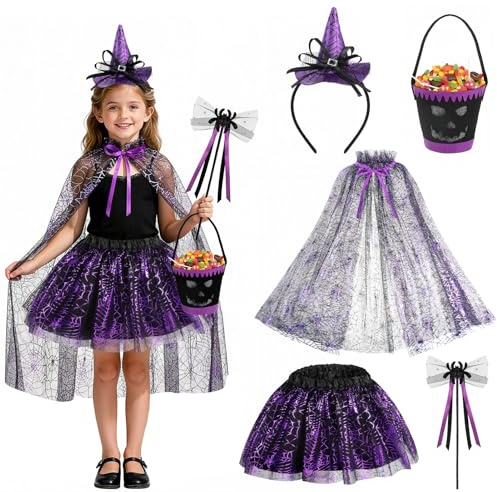 Beipegin Spinnenkostüm für Kinder,Tüllrock Spinnennetz Umhang Spinne Haarreifen Süßigkeitentüte Spinne Verkleidung Halloween Kostüm Kinder Mädchen