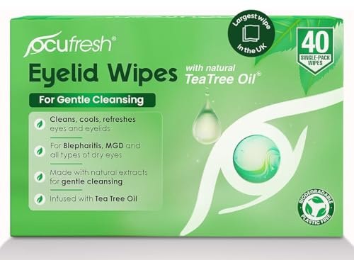 Ocufresh Tea Tree Oil Eyelid Wipes – 40 Individually Natural Extract Wipes – Gentle Cleansing for Puffy Eyes & Irritated Eyelids – Plastic Free & Biodegradable