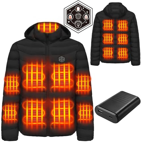Deceny CB Veste Chauffante Doudoune Chauffante Avec 15 Coussins Chauffants en Fibre de Carbone, Veste Chauffante électrique pour Moto Pêche Ski Activités de Plein Air(Noir,3XL)