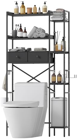SOCOMFAY 7-Ebenen Toilettenregal Einfache Montage für Badezimmer, Schwarz | Wasserdicht, Rostfrei, Ohne Bohren, mit Körben Haken, Metall & Holzwerkstoff, Vielseitig einsetzbar, Höhenverstellbar
