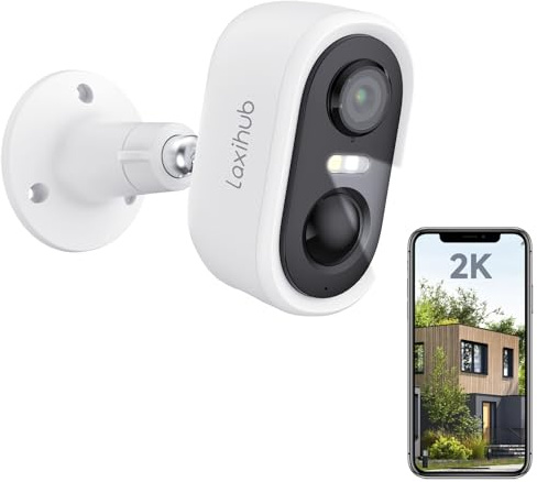 LAXIHUB 2K Battery Security Camera Outdoor Wireless,Indoor&Outdoor CCTV Camera,2 Spotlights,AI Detection,Two Way Talk,IP65,Colour Night Vision,5200mAh Battery Life,Works with Alexa & Google(W2)