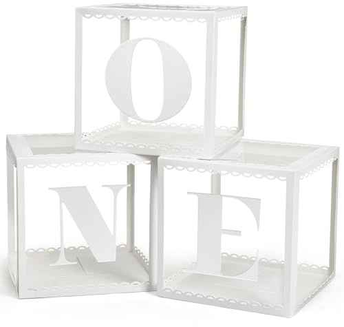 Golray First Birthday Decorations for Girl Boy, 3 Pcs Balloon Boxes with ONE Letters for 1st Birthday Party Decor, Clear Boxes Blocks for Baby Shower First Birthday Decorations(Hollow-out Wave Edge)