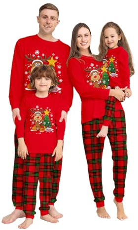 Pijamas de Navidad para la Familia Estampado de Tartán Rojo de Reno Manga Largos Camiseta y Pantalón Ropa de Dormir Infantil Niños Hombre Mujer Respirable Loungewear Pijama Familiar Mujeres