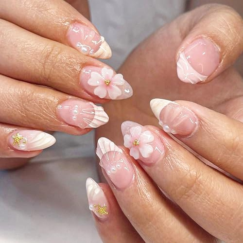 24 PCS Press on Nails Kurz, Almond Künstliche Nägel zum Aufkleben, Nude Pink French 3D Wellen Blumen,Seestern, Full Cover Fake Nails mit Nagelkleber - Für Frauen DIY Nageldesign Maniküre