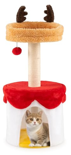 SOARS Árbol de Navidad para gatos de 80 cm, rascador para gatos de 3 niveles con cueva de peluche, postes rayados, plataforma y bola, torre para gatos con refugio de decoración navideña