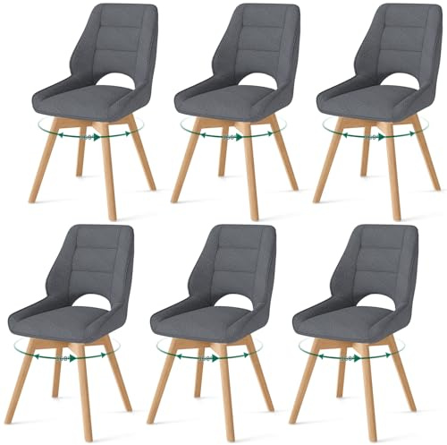 WAFTING 6er Set Drehbar Esszimmerstühle mit Holzbeine,Dunkelgrau | Nordische Stühle Esszimmer mit Ausgesparter Rückenlehne, Massivbuchenbeine Stabil Für Esszimmer, Küche, Wohnzimmer