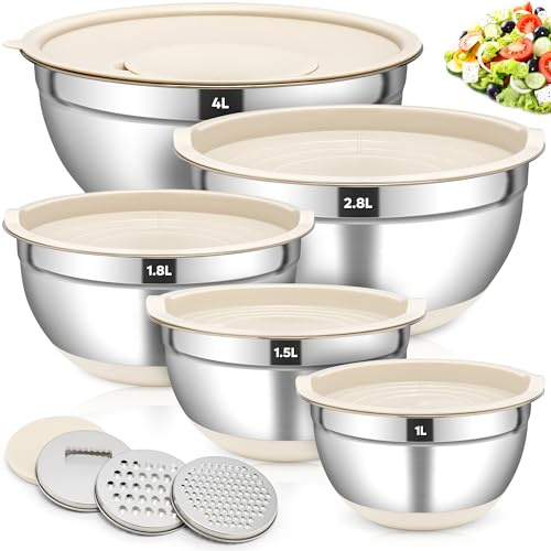 Fire More Set 5 ciotole per mescolare in acciaio inox, ciotole con coperchi ermetici e 3 accessori grattugia, 4L/3L/1,8L/1,5L/1L, impilabili e antiscivolo