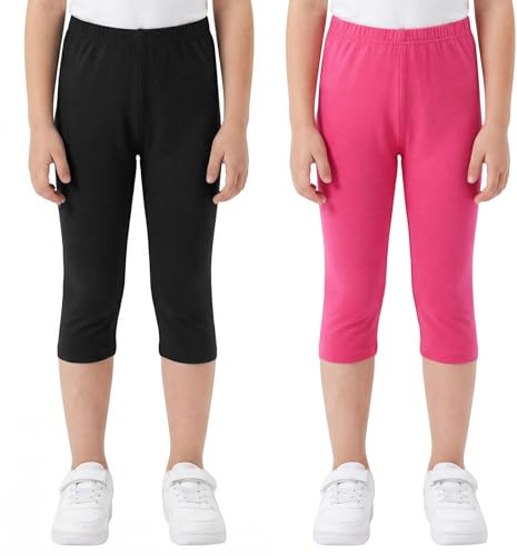 FILOWA Leggings para Niñas Pack de 2 Algodón 3/4 Pantalones, 5-12 Años | Elásticos Mallas, Capri Legging, Cintura Elástica, Sólido, Casual, Ciclismo Pantalón, Deporte Verano Ropa para Infantiles