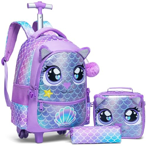 Egchescebo Kinder Rucksack mit Rollen für Mädchen die Schule Große Augen Tier Leopard Koffer Schultrolley Komplett mit Lunchbag Federmäppchen-Set Geeignet Grundschüler Jugendliche 5-12 Jahre Alt Lila