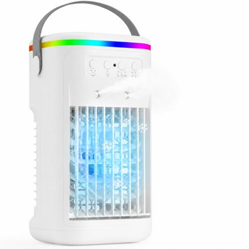 Portable Air Conditioner Cooling Fan, Mini Air Cooler with 3 Speeds, 2 Mist Modes, Remote Control, 1-4H Timer, 7 LED Lights, Quiet Air Conditioning Unit Portable for Bedroom, Home Office,Car