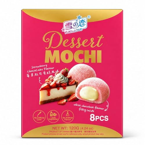 Dessert Mochi – Dolci Giapponesi con Ripieno Cremoso – 8 Pezzi (120g) – Senza Coloranti Artificiali – Gusti: Vaniglia, Cocco, Tiramisù, Cheesecake alla Fragola,Pistacchio (FRAGOLA CHEESECAKE)