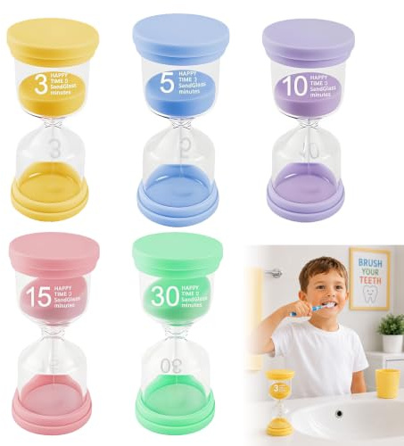 5 Pièces Sabliers pour Enfants Sablier 3 5 10 15 30 Minutes Sabliers 5 Minutes Sablier 15 Minutes Minuteur Éducatif Coloré pour Brossage des Dents École et Maison