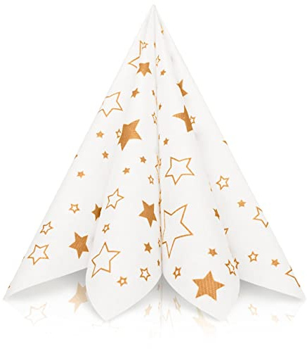GRUBly® Airlaid Serviette STERNE Gold, 40 x 40 cm, 1/4 Falz, 50 Stück, edle stoffähnliche Weihnachtsservietten mit goldenen Sternen, Ideal für die Advent- & Weihnachtszeit