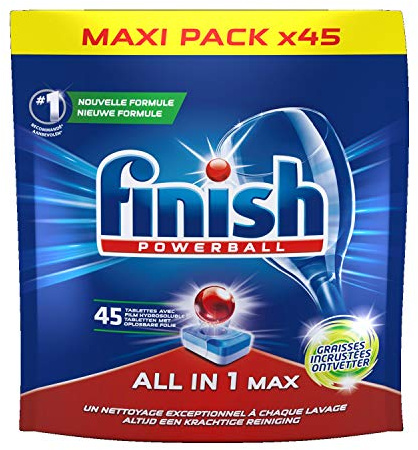 FINISH Lot de 4 Powerballs All in One Max Pastilles Lave-Vaisselle Spécial Graisses Incrustées - 45 pastilles