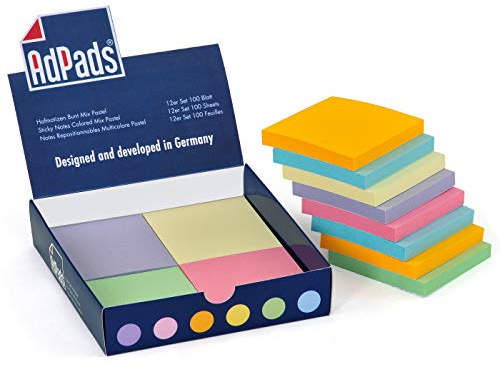 AdPads® selbstklebende Haftnotizzettel | 75 x 70mm, 12 Blöcke à 100 Blatt, Set Bunt Pastellfarbe | Große Sticky Notes Box