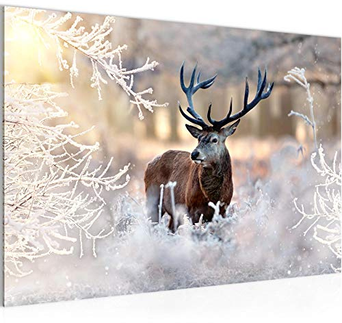 Runa Art Bild Winter Hirsch Modern Wandbilder Wohnzimmer 1 Teilig - Made In Germany - Wald Natur Beige Flur 004115a