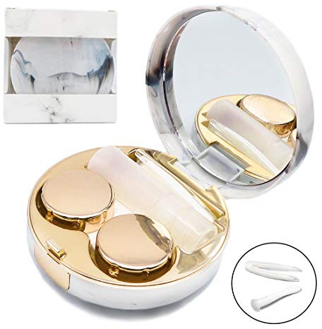 Contact Lens Case, Portable Cute Eye Contacts Colored Lenses Remover Box Kit with Mirror for Travel (Gold)