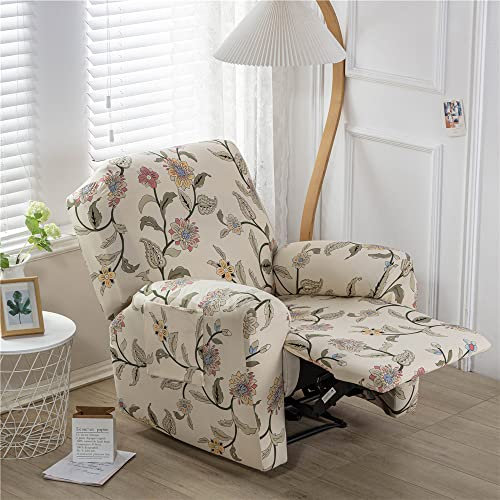 Highdi Stretchhusse für Relaxsessel Sesselbezug 4-teiliges Set, Komplett Sesselschoner Luxus Blumen Druck Ruhesessel Bezug für Fernsehsessel, Liege Sessel, Recliner Sessel (Beige Klassiker)