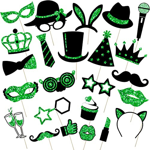 Zonon 24 Stück Foto Requisiten Fotobox Accessoires, Grün und Schwarz | Lustige Foto Booth Props für Geburtstag Hochzeit Disco Karneval, Mischung mit Hut Lippenstift Krawatte Kronen