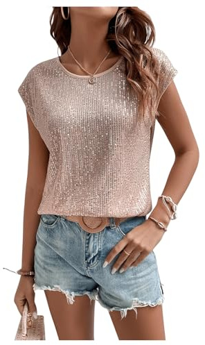 SweatyRocks Women's Round Neck Glitter Sequins Shirts Top Casual Cap Sleeve Party Tee Tops Champagne XL