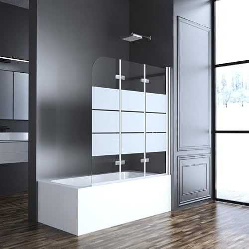 Goezes Duschwand für Badewanne 130x140cm 3-teilig Streifen Glas Duschtrennwand, Faltbar Duschabtrennung für Badewanne mit Gestreift verziert, Faltwand Duschwand aus 6 mm ESG Sicherheitsglas