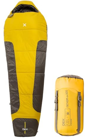 OEX Fathom EV 300 Sleeping Bag for Adults, Teens, Kids, 1 Person, 3 Season, Lightweight, Mummy, Warm, Indoor & Outdoor Use, Camping, Hiking, Backpacking, Travelling, Compression Bag, Yellow