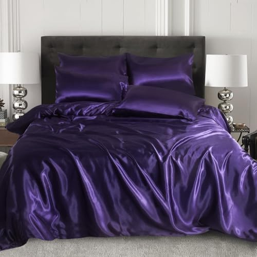 XXR SATIN SILK COMPLETE BEDDING SET DUVET COVER FITTED SHEET 4 PILLOW CASES 6 Pcs (Aubergine, King)