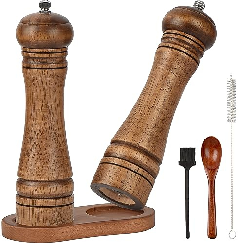 Holz Salz und Pfeffermühle, JOYCEMALL 6 er-Set Verstellbarer Gewürzmühle mit Keramikmahlwerk - Pfeffer und Salzmühle, Löffel, 2 Bürste, Untersetzer - Küchenhelfer Geschenkidee (26cm) - Walnuss