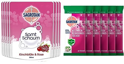 Sagrotan Samt-Schaum Nachfüller Kirschblüte & Rose & Allzweck-Reinigungstücher Granatapfel & Limette