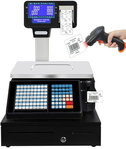 ExoticaBlend Kommerzielle Digitale Preisrechnerwaage, Digitale Waage für den Lebensmitteleinzelhandel, Waage für Supermarkt, Produktverpackungswaage mit LCD-Display,Machine+Scanner+Cashbox
