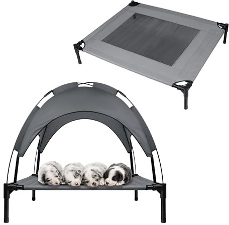 SUBTLETY Erhöhtes Hundebetten 76x61x76cm Hundeliege Hundezelt mit Sonnensegel Dach & rutschfeste Füßen & Atmungsaktivem Mesh Haustierbett Outdoor Tragfähigkeit bis 40KG für Garten Camping Reisen