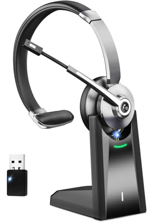 Bluetooth Headphones, Wireless Headset with Microphone Noise Canceling & USB Dongle, On Ear Headphones with Charging Dock, PC Headset with Mute Button for Cell Phone/Meeting/Call Center/Office