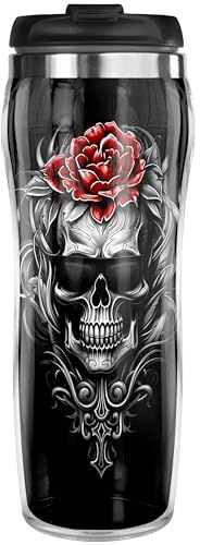 Pixly® Mug isotherme de voyage motif tête de mort et rose, capacité de 400 ml, cadeau amusant pour lui et elle
