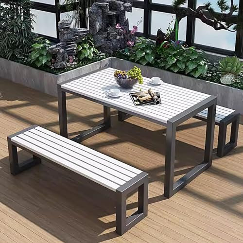 LLZJDDPLY Esstisch mit 2 Bänken, Essgruppe 3er-Set, Küchentisch für 4 Personen, Esszimmertisch mit rostfreiem Metallrahmen, Sitzgruppe für Küche, Wohnzimmer, Esszimmer (Color : B)