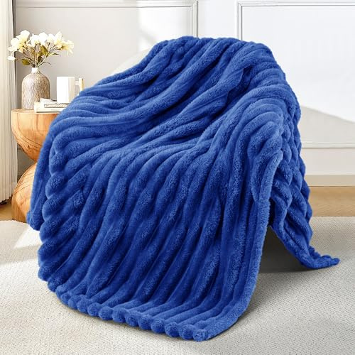 Exclusivo Mezcla Pläd fleecefilt, 130 x 150 cm, randig soffilt, supermjuk jacquard, sängfilt, lätt och fluffig, för alla årstider – koboltblå | Mjuka andningsbara mysiga sängfiltar, lätta plysch fluffiga luddiga jacquard-dekorativa filtar