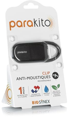 BIOSYNEX Parakito - Clip antimosquitos reutilizable - 2 pastillas incluidas con aceites esenciales, 1 mes de protección, sin deet, color negro - para mochila u otro equipo