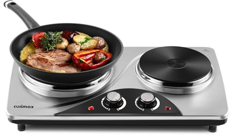 Double Burner, CUSIMAX 1800 Watts Electric Hot Plate for Cooking, Countertop Burner Portable Cast Iron Hot Plates with Dual Adjustable Temperature, Easy to Clean, Sliver