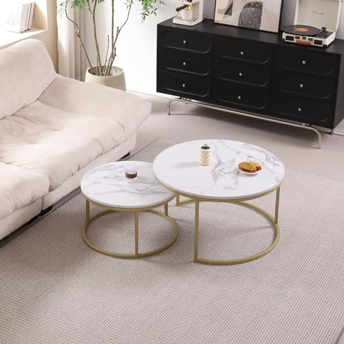 TTATC 2er-Set runder Beistelltisch,Couchtisch im Industriestil mit Metallbeinen, Platte aus MDF-Marmorimitat, groß 80 x 80 x 45 cm und klein 60 x 60 x 35 cm,Gold