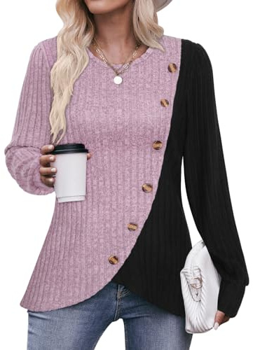 Flikity Ladies Jumpers Casual Crew Neck Tops Womens Long Sleeve Tops | Decorative Buttons Side Tunic Sweatshirts Pullover Lightweight Sweaters Spring Autumn Winter Clothes S-3XL