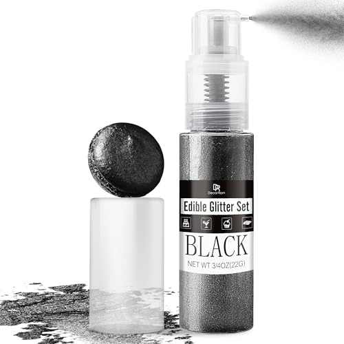 Schwarz Essbarer Glitter Spray – 22g Essbarer Glitzerstaub & Lebensmittelfarbe Spray zum Dekorieren von Torten, Kuchen, Getränken, Süßigkeiten & Cocktails. Lebensmittelechter Glitzer in Pulverform