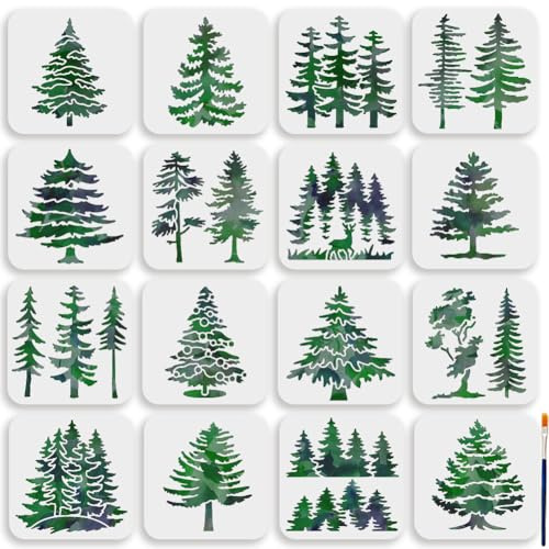 MAYJOYDIY 16Pcs Kiefernmotiv Malschablone 15x15cm Waldhain Hirsch Vorlage Mit Pinsel Kiefern Wiederverwendbare Kunststoff Schablonen Für Holz Leinwand Papier Stoff Wanddekorationen