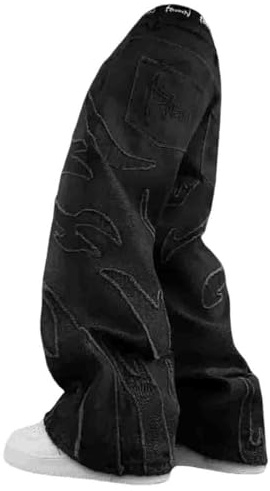Ethbox Y2K Jeans da uomo Hip-hop retrò fiamma splicing gamba larga jeans donna gotico dritto tubo sciolto jeans, nero, M