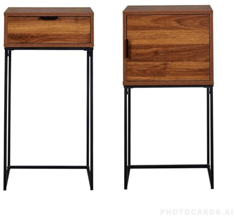 Saxony® Bedside tables set of 2 with drawers narrow wooden bedside table tall bedside cabinets set of 2 with metal frame sofa side end table with Walnut color telephone table for Bedroom, Living Room